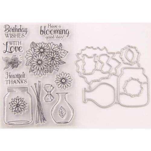 Flower Vase Seal Stamp with Cutting Dies Stencil Set DIY Scrapbooking Embossing Photo Album Decor E56C