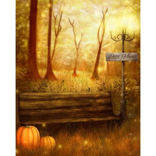 VinylBDS happy Halloween Theme Moonlight Tree Photo Backdrops Pumpkin Long Wooden Bench Backgrounds Photography for Children