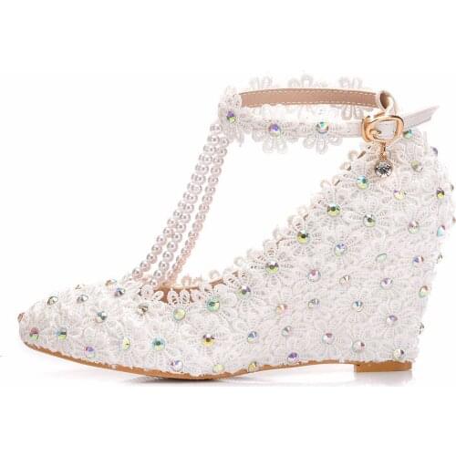 8cm pointed slope heel shoes spring autumn shoes pointed single shoes Lace Beaded Wedding Shoes Womens foreign trade size