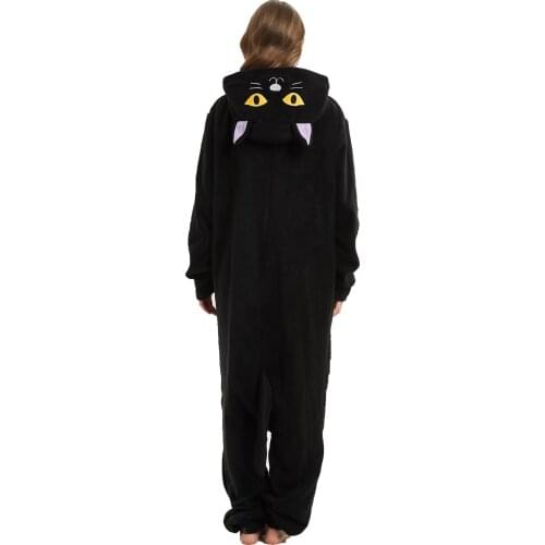 Women Men Midnight Cat Cartoon Onesies Unisex Female Autumn Winter Animal Onesies Nightwear Anime Costumes Adults Fleece Pajamas