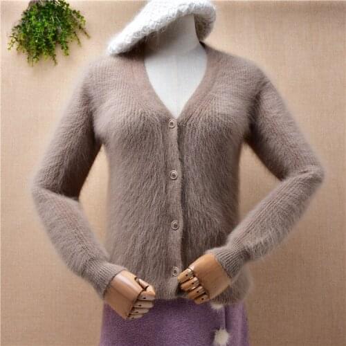 Ladies women fashion hairy mink cashmere knitted long sleeves v-neck slim cardigan angora fur autumn winter jacket coat sweater