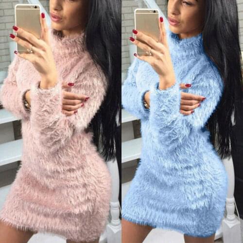Women Bodycon Thick Pullover Fleece Turtleneck Short Dress Jumper Sweater Dress