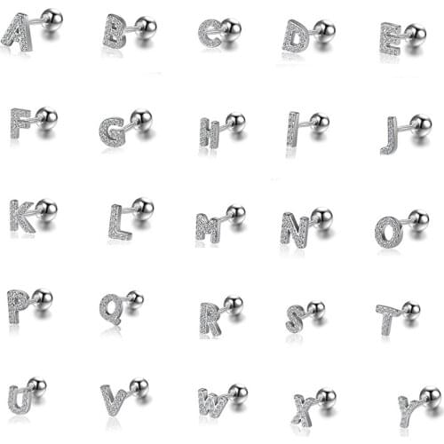 MEETSOFT 1 Piece Real 925 Sterling Silver 26 Letter Zircon Stud Earrings For Women Party Punk Fine Jewelry Minimlist Accessory