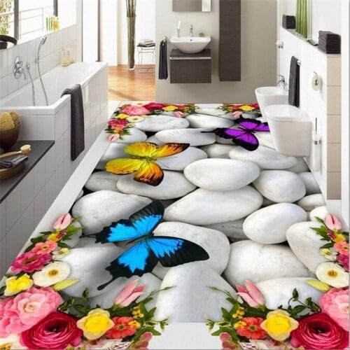 Wellyu Custom 3D flooring stickers Rose Butterfly Pebble Floor Room living room bedroom flooring pictures 3d papel de parede