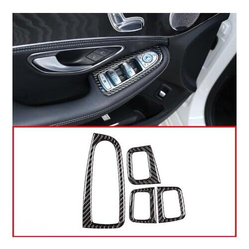 4pcs Real Carbon Fiber Car Window Lift Button Frame Stickers For Mercedes Benz C Class W205 GLC X253 GLC260 C180 C200 2015-2019