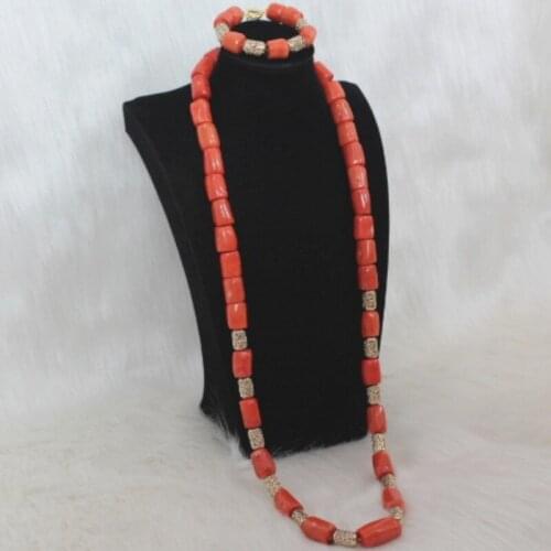 4UJewelry African Bridal Groom Jewelry Set One Layer Orange and Gold Bracelet and Necklace Set 13mm Coral Beads Set 2019 Christmas Gift Set