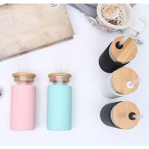 550ml Glass Water Bottle With Straw Bamboo Lid Non-Slip Silicone Protective Sleeve Water Cup For Office Outdoor Travel Camping