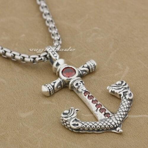 925 Sterling Silver Skull Anchor Red CZ Stone Fashion Pendant 9J002
