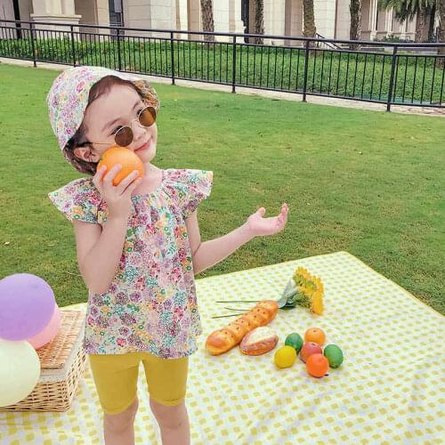 Girls Flower Blouse Cherry Brand Yellow Floral Shirt Kids Summer Clothing Elegent Sleeveless Bohemian Tee Top