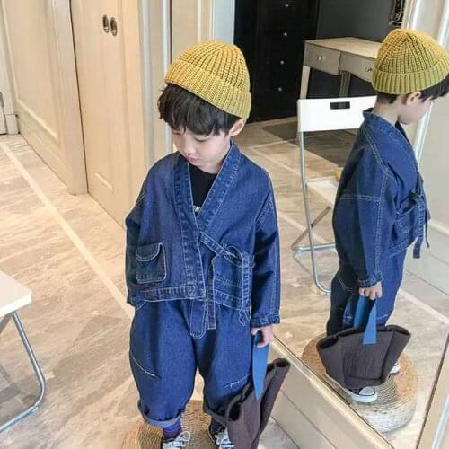 2021 Childrens clothing girls spring set Spring Kids Clothing Set Bat Sleeve Denim Jacket Harem Jeans 2 Pcs Boys Suit oversized