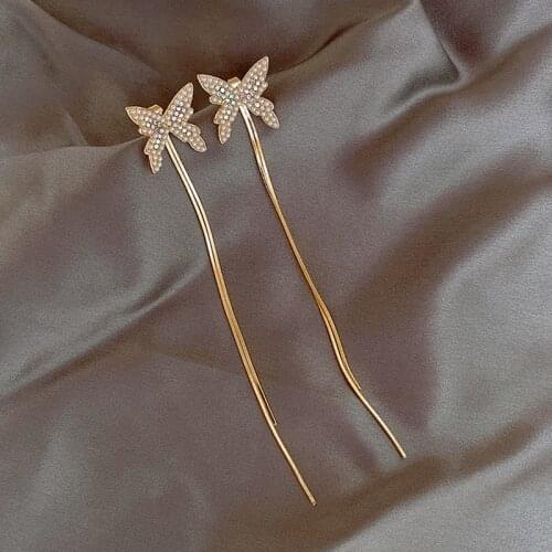 Long Tassel Butterfly Drop Earrings Gold Color Fashion Pearl Earrings for Women Elegant Crystal Korean Spring Jewelry Girl Gifts