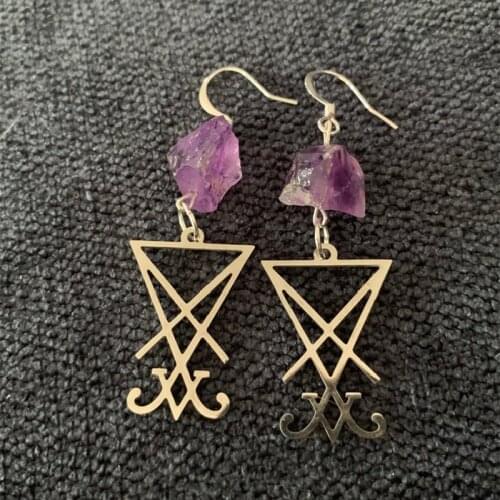 Purple Crystal Raw Lucifer Sigil Symbol Earring Natural Stone Healing Stone Statement Punk Witch Gothic Jewellery Women Gift