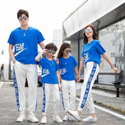 New Summer fashion Family outfits clothing mother Girl father Boy Blue cotton T shirts & trousers 2pcs/sets family look