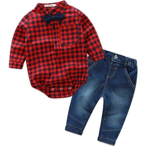 2pcs Kids Baby Boys Clothes Set Bodysuit Jumpsuit Long Sleeve Plaid Tops Jeans Pants Outfits Baby Boy Clothing Set