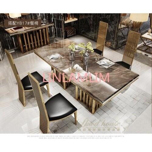 Minimalist modern designer unique new stainless steel golden dining room set with marble table and leather chairs(1+4 chairs)