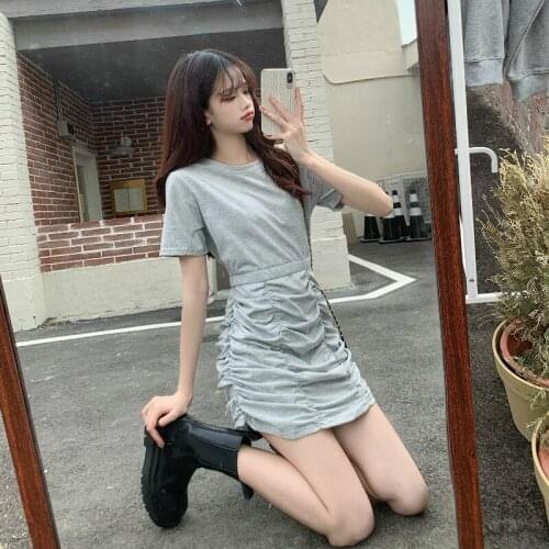 Fashion Elegant Round Neck Gray Female Mini Dress Summer Casual Birthday Festival Cute Household French Romantic Bud Dress Women