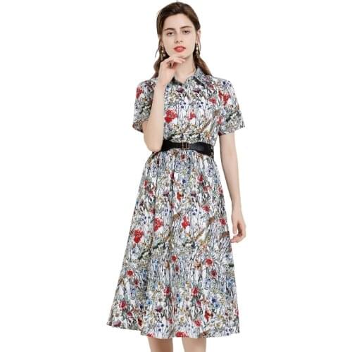 Fashion Printed Large-Length Women Dress With Waist And Slimming Shirt Collar And Short-Sleeved Dress Elegant Cool Polo Y-49
