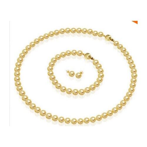 Jewelry Set hook 8MM Golden Akoya Shell Pearl Necklace 18'' Bracelet 7.5'' Earring Set AAA