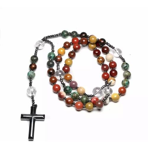 Nautre Stone Hematite Health Necklaces Cross Pendant for Men Him Father Rosary Beaded Crucifix Religious Jewelry