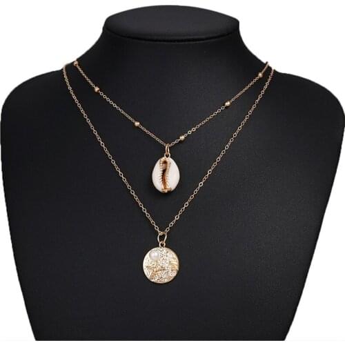 Bohemian Sea Shell Coin Pendant Necklace for Women Retro Starfish Pearl Shell Layered Collar Necklace Jewelry Gift