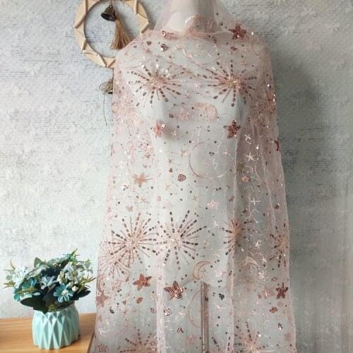 Tulle Three-dimensional Embroidery Stars Sequins Lace Fabric For Dress Childrens clothing by Meter ,pink Light orange and blue