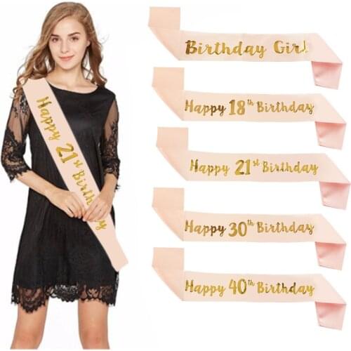 Rose Gold Happy Birthday Satin Ribbon Sash 18th 21st 30th 40th 50th Birthday Sash For Women Girl Anniversary Party Decorations