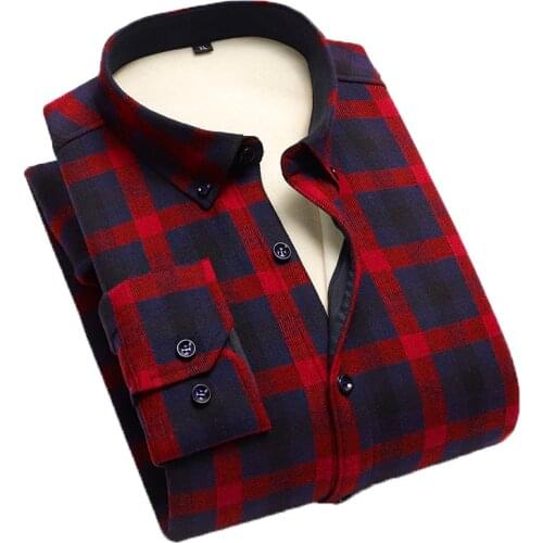 Aoliwen men winter 100% Cotton Red Black Plaid warm shirt 5XL casual thickening plush soft comfortable long sleeve slim shirts