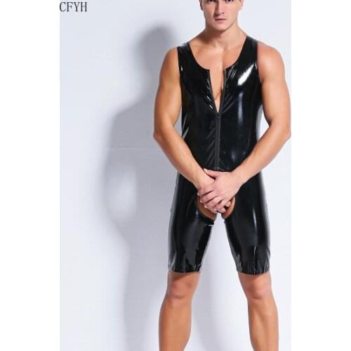 Sexy Costumes Medias Lingerie Hot Pvc Leather Sexy Bodysuit for Men Pole Dance Night Clubwear Catsuit Langerie Black
