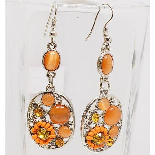 Orange Color Cats Eye Stone Dangle Earrings For Wedding Birthday Women Gift Jewelry 925 Sterling Silver Hook
