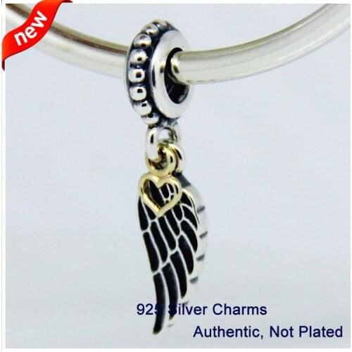 CKK 925 Sterling Silver Angel Wing Silver Dangle With Heart Charms Beads Fits Original Bracelets Jewelry DIY Making