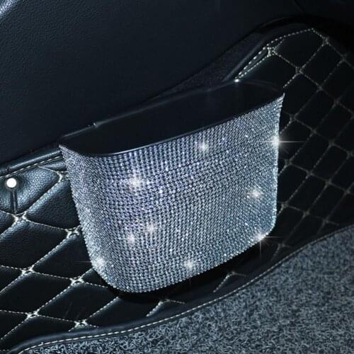 Rhinestone Car Hanging Waste Basket Trash Garbage Box Container Auto Accessory