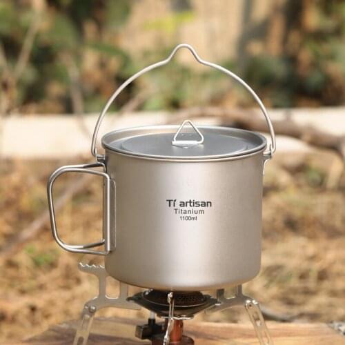 Tiartisan Camping Portable Hanging Pot Titanium Cup Water Cup with Lid Foldable Handle Picnic Outdoor Cookware Tableware 1.1L