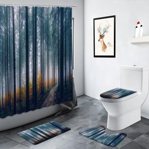 Fog Forest Landscape Shower Curtains Yellow Leaves Trees Autumn Natural Scenery Bathroom Decor Non-slip Rug Toilet Bath Mats Set