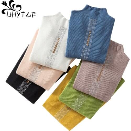 UHYTGF knitted Autumn winter sweater womens fashion Diamond letter elegant female sweaters elastic pullover casual warm tops 688