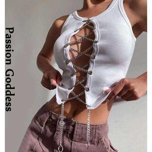 Party Women Hollow Out Crop Tops Sleeveless Slim Low-cut Chain Bandage Bustier Tops Lingerie Punk Festival Sexy Cropped Top 2021