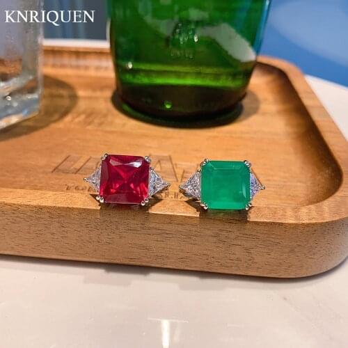 Vintage 925 Sterling Silver 12*12mm Ruby Emerald Gemstone Rings for Women Charms Wedding Party Fine Jewelry Anniversary Gift