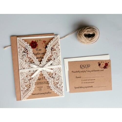 Vintage Wedding Invitations Suit, Lace Invitations, Kraft Paper Invitation Cards With RSVP - Set of 50 pcs