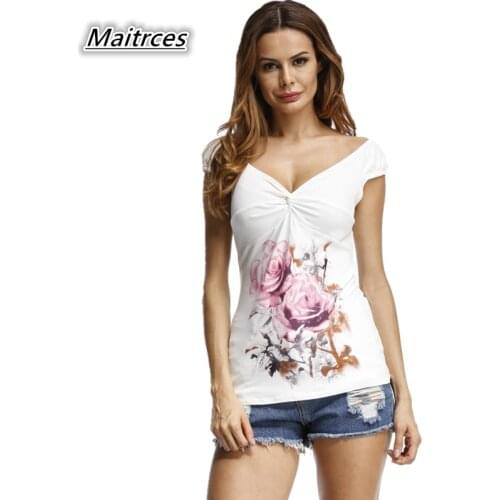 Women T-shirt Elegant Fashion Print Tops 2018 Summer Casual Womens White T Shirt Deep V-Neck Short Sleeve Plus Tees TX044