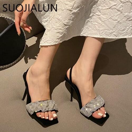 SUOJIALUN 2021 New Back Strap Sandals Fashion Brand Bling Rhinestone Ladies Thin High Heel Pumps Sandal Shoes Dress Shoes