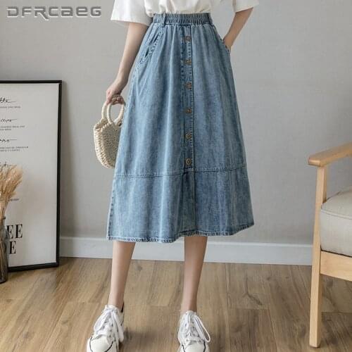 Loose Single-Breasted Denim Long Skirt Woman 2021 Elastic High Waist Streetwear Washed A-Line Skirts Jeans Female Light Blue