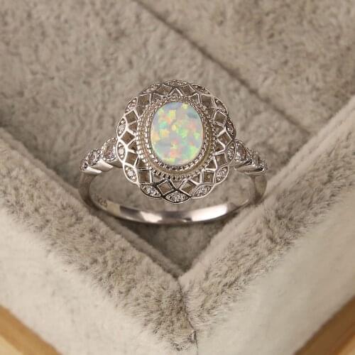 Female Small White Fire Opal Ring Real 925 Sterling Silver Engagement Ring Crystal Oval Wedding Rings For Women