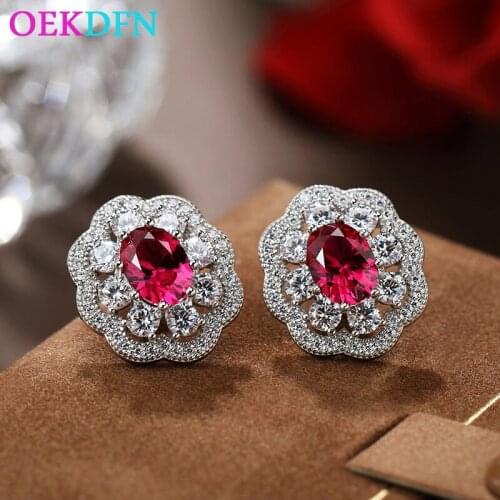OEKDFN Pure 925 Sterling Silver Stud Earrings For Women 15*17 Cut Ruby Gemstone Party Wedding Fine Jewelry Anniversary Gift