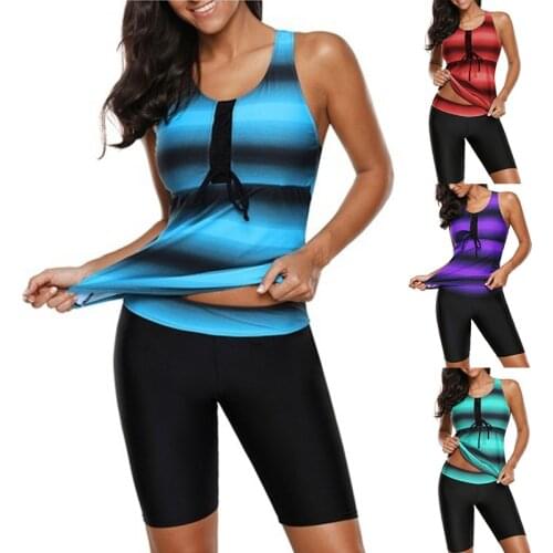 2021 Women Two Piece Swimsuit Summer Push Up Stripe Print Plus Size Tankini Set Sport Swimming Suit Bathing Suit Beach Swimwear