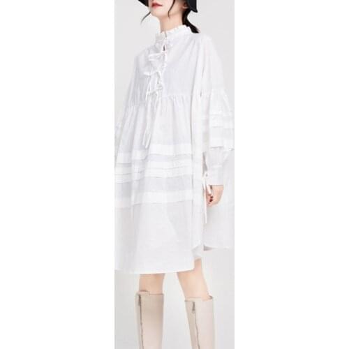 2021 Spring Womens Lotus Leaf Stand-up Collar & Lace Shirt Dress Front and Back Wear Lace-up Puff Sleeve Dress