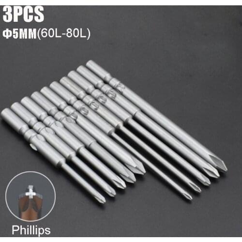 3pcs Electric Screwdriver Bit 5mm Round Shank Head Phillips Driver Bit S2 Magnetic Cross Head PH00 PH0 PH1 PH2 60/80mm Length