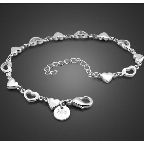 New Simple Dainty Heart Link Bracelet For Women 100% 925 Sterling Silver Bangle Bohemian Charm Jewelry Girl Gift