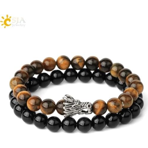 CSJA Natural Stone Men Bracelets Set Tiger Eye Black Onyx Lava Dragon Head Charms Bracelet Homme Fashion Jewelry Gifts 2pcs G468