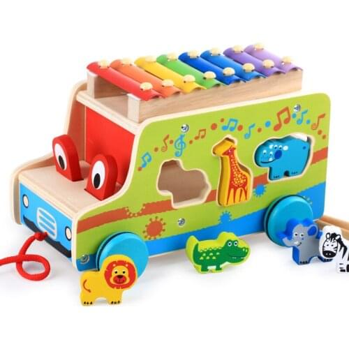 Wooden Xylophone 8-Note Toy Musical Instrument Trailer Car Shape Animal Puzzle Toys For Children Learning Music Toy