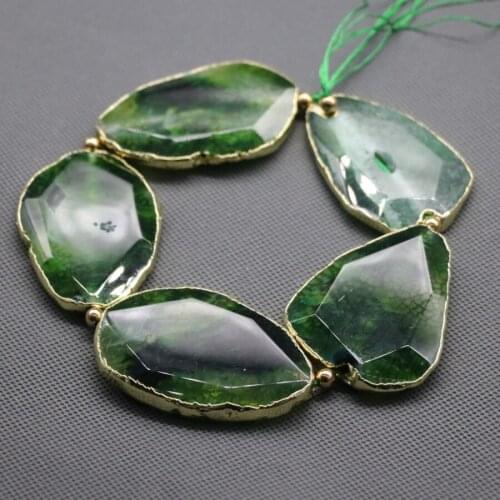 C-1901 Green Druzy Faceted Stone Beaded - Gold Wrapped Slab Connector Beads Pendant Polished- Full Strand/50mm Each