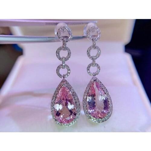 H402 Fine Jewelry Real Pure 18K White Gold AU750 100% Natural Pink Morganite Gemstone 7.8ct Drop Earrings for Women